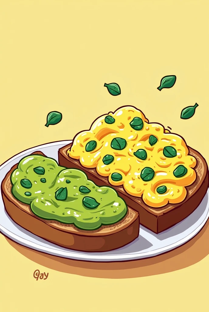 Cartoon of scrambled eggs with spinach and with that a whole wheat toast with avocado
