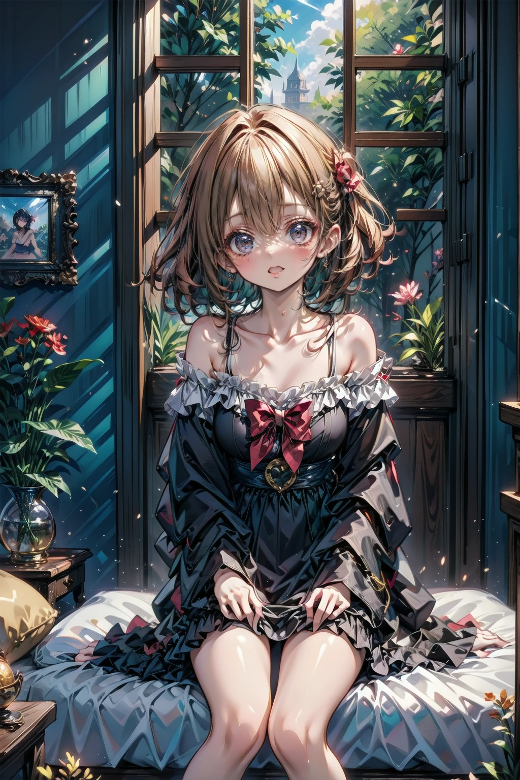 (masterpiece:1.2), Detailed fingers, Beautiful woman, Sitting on the bed, She is wearing a loose off-the-shoulder top., Pajama pants, Short Curly Hair, indoor, Soft lighting, Background plants, Window with sunlight, Cozy rooms, Relaxed pose, Intricate details, Warm colors, Japanese girl, stretching arms upwards, yawn loudly
