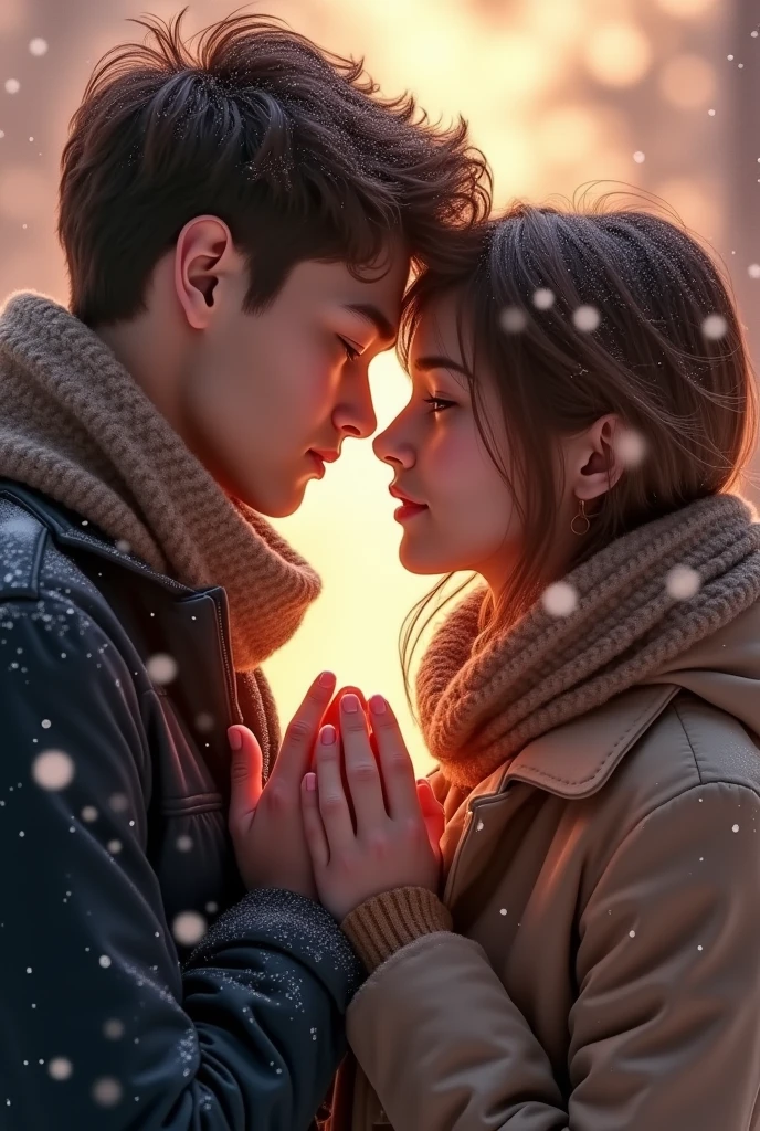 In winter boyfriend try to warm up his girlfriend hand