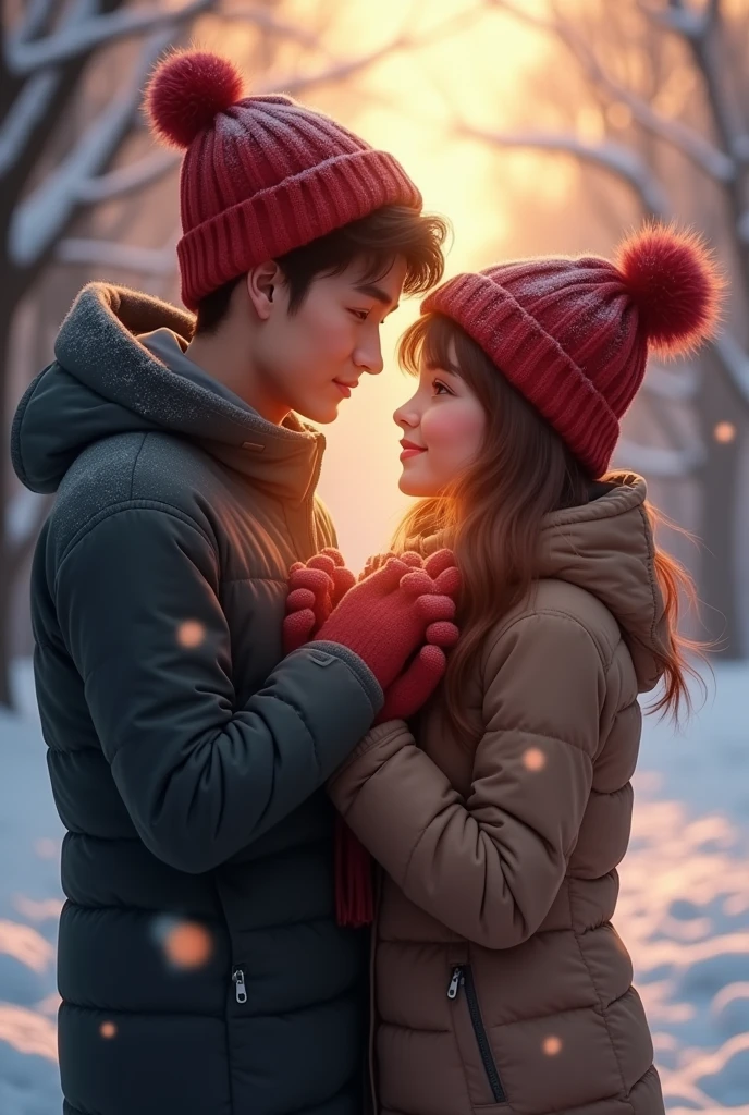 In winter boyfriend try to warm up his girlfriend hand