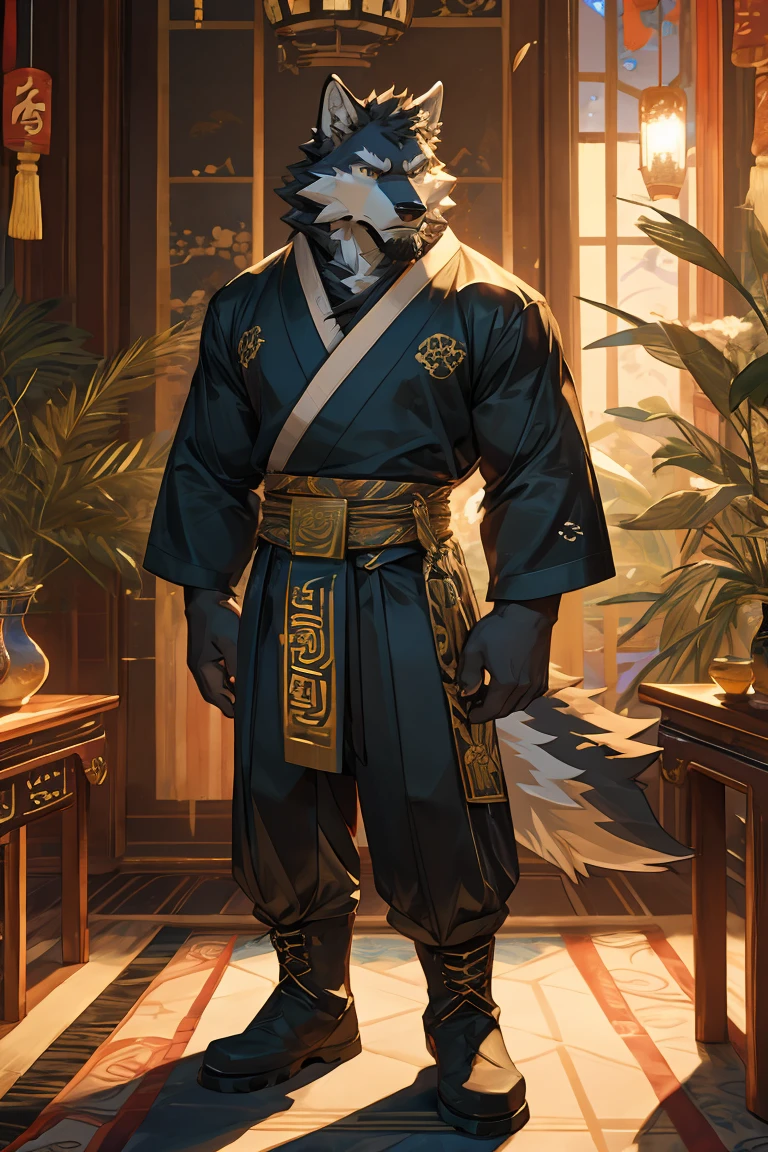 best quality,Ultra HD,Ultra-fine eyes,Correct and perfect facial features,Second dimension thick painting style,Male gray wolf,Long black beard,Serious expression,Physical fitness,Wearing a black loose Hanfu on the upper body,Gold belt,A wolf head jade pendant hangs around the waist,The lower body is wearing black Hanfu trousers,Black boots,Gold engraving on the boots,Standing majestically in the luxurious mansion