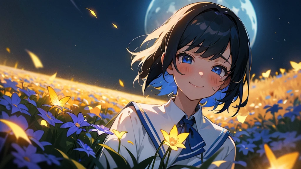 {1girl}, {solo}, young female, school uniform, best illustration, big smile,mouth open, {{{{best quality}}}}, black_hair, short_hair, {{{dynamic angle}}}, nighttime, {{{Bright blue moon}}}, school setting, blue_eyes, {{{{dynamic lighting}}}}, {{{{Blushing}}}}, field, flowers, fireflies, {{{tears of joy}}}, tears
