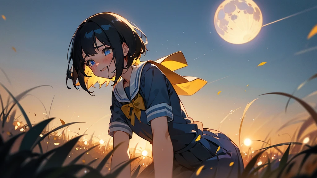 {1girl}, {solo}, young female, school uniform, best illustration, big smile,mouth open, {{{{best quality}}}}, black_hair, short_hair, {{{dynamic angle}}}, nighttime, {{{Bright blue moon}}}, school setting, blue_eyes, {{{{dynamic lighting}}}}, {{{{Blushing}}}}, field, flowers, fireflies, {{{tears of joy}}}, tears
