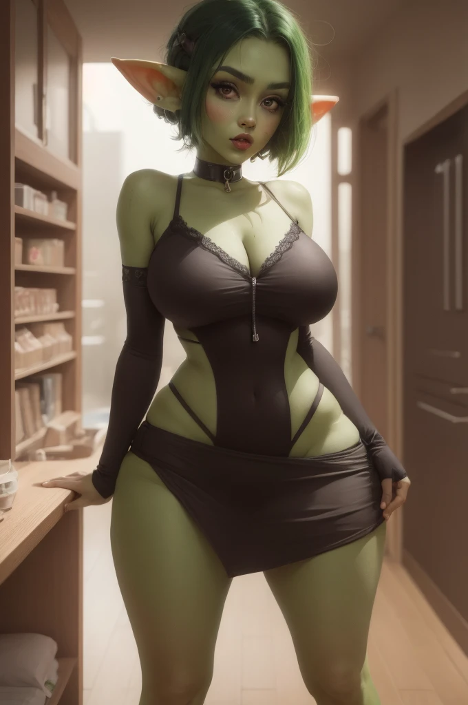 Goblin girl. green skin. very short hairstyle. small breasts. huge hips. choker. mini dress. red eyes. red lips