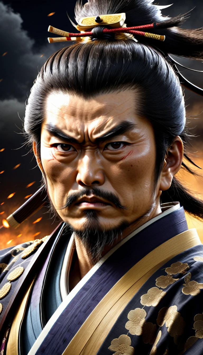 A stern Toyotomi Hideyoshi with an intense, furrowed brow and a deep scowl, his eyes blazing with anger and determination. His face shows a mix of fury and resolve, as if ready to confront any challenge head-on. The background is dark and stormy, reflecting his fierce demeanor."