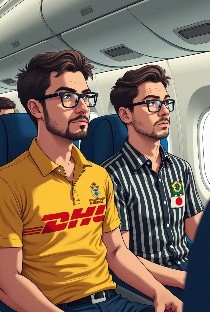 Two men with prescription glasses, Riding a plane, and goatee, one of them is wearing a DHL shirt, and the other with a shirt with vertical stripes, preta e branca, and a team shield that is composed of a red anchor. they are going from BRAZIL to Japan, make it very clear with the flags. I want the drawing with realistic lines