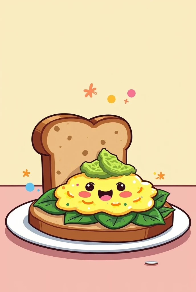 Cartoon of scrambled eggs with spinach and with that a whole wheat toast with avocado