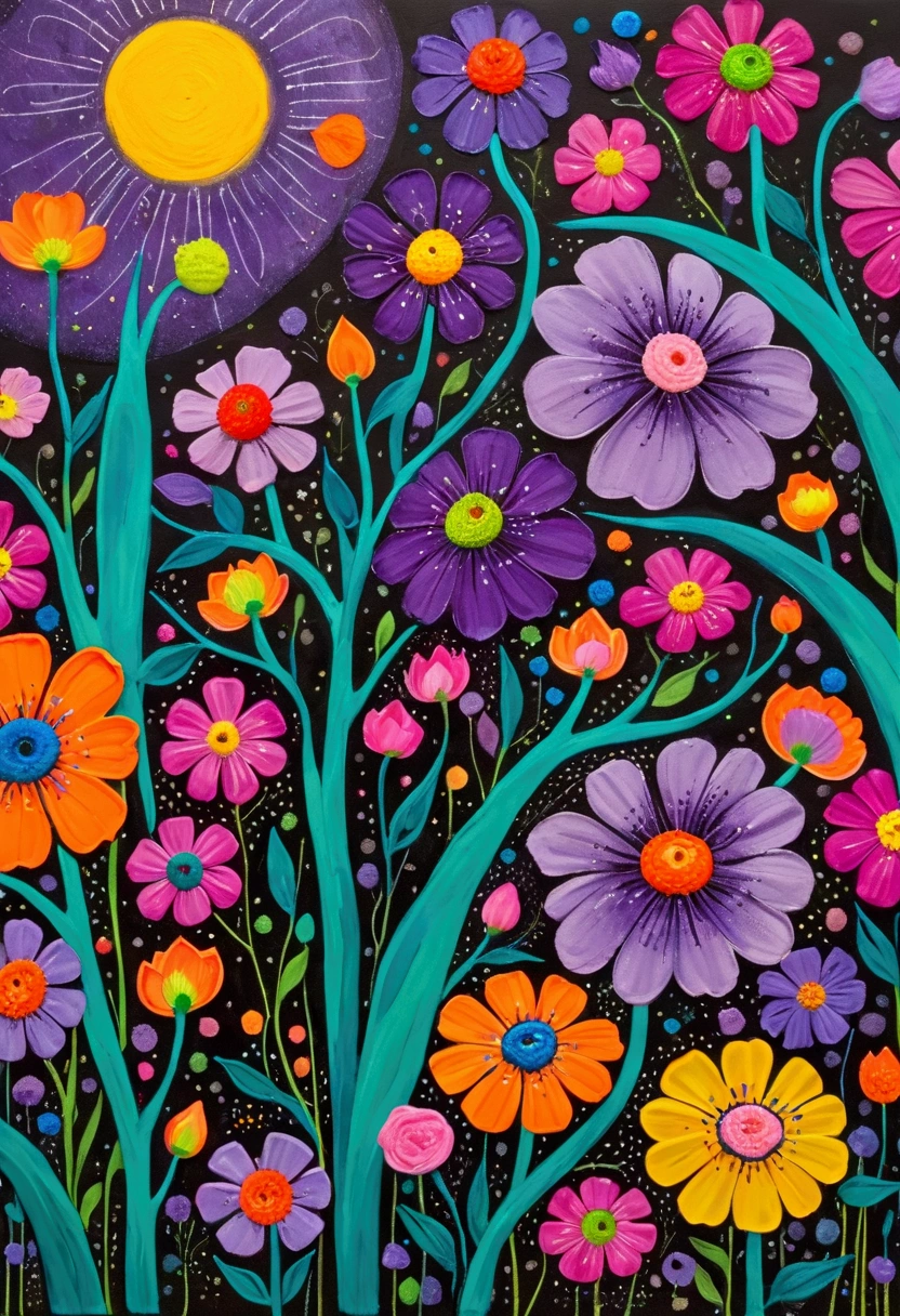 A painting,Inspired by Yayoi Kusama:(((Colorful black,Chalk painting,Oil stick painting,Volume,Thick coating,Uneven texture,Plaster texture,Graffiti,Dot)))。Colorful black,, Bright colors, Purple和, cute的, Bright colors,cute, Lavender Color and Color Schemes, 和Purple的配色方案, Beautiful Art, Purple, Whimsical Art, 和Purple色调, Close together,, spring, Inspired by Tomokazu Matsuyama, Delightful