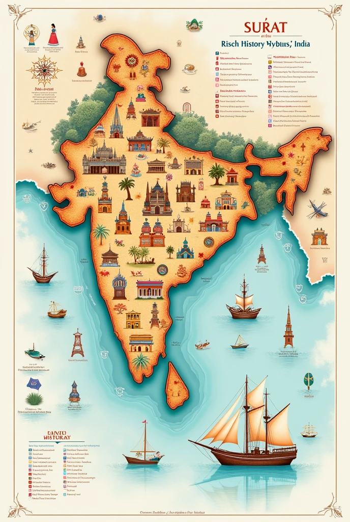 design for brochure
on map format
show maritime history of Surat
white background
add garba dance
add warship
add diamond merchant