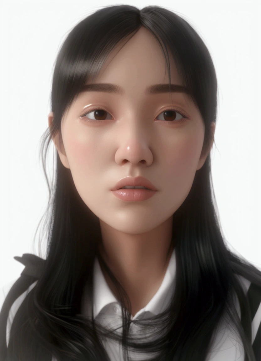 best quality, 1 Girl, Facing the camera, black eyes, Half-length photo,Official A super cute girl, Straight hair, black hair, long hair, parted bangs,pastel color, mock, fine luster, clean background, 3d render::, Soft focus, oc, blender, ip, blind box toy style, pixar, close-up, high quality, high details, 16k --ar 3:4 --q 5,masterpiece
