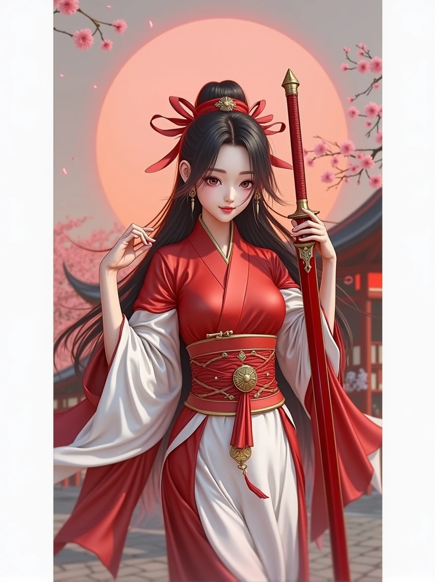 (((realistic, masterpiece, Best quality, Ultra-high resolution, CG unified 8K wallpaper, Best quality at best, ultra - detailed, ultra HD picture quality))), arafed woman in a red and white dress holding a red sword, anime girl cosplay, japanese goddess, anime cosplay, ayaka genshin impact, onmyoji, ayaka game genshin impact, sakimichan, red kimono, fox nobushi, keqing from genshin impact, red kimono with flower patterns, ayaka cosplay, hanfu