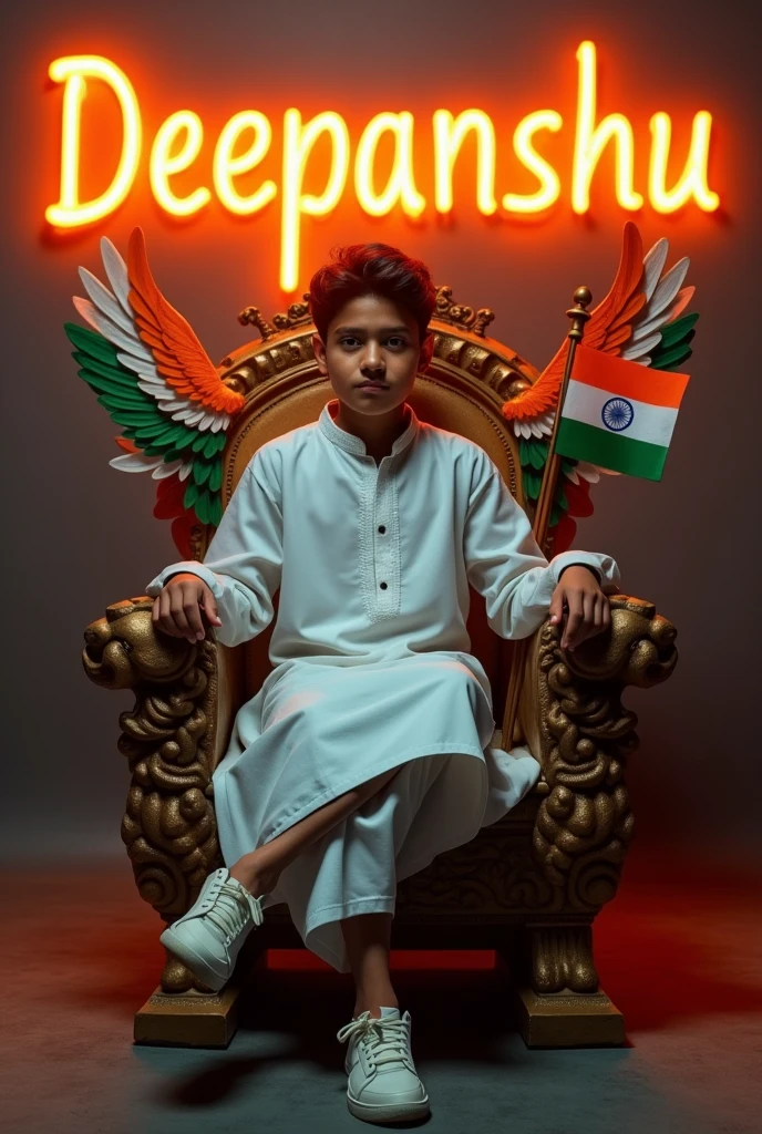 Create a 30 illusion for the profile picture where a cute 19 year old boy in white kurta is sitting comfortably on the chair of the King of Beasts throne. Indian flag in hand And a ferocious lion next to me. Wearing sneakers, he looks ahead. "Deepanshu" is written in large, orange neon light font on the dark gray wall in the background. He has no shadow and has Iridian Tricolor colored wings
