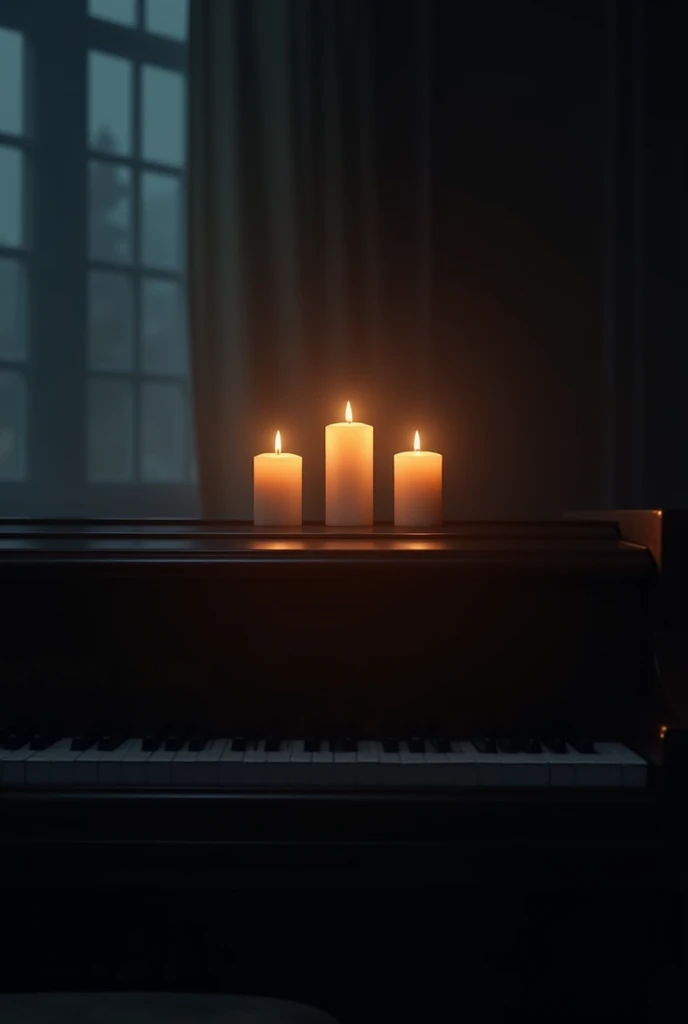 In the dark There are three lit candles on the roof of the piano
