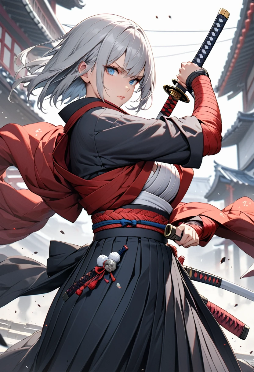 (((masterpiece,ultra detailed,absolutely resolution))),1girl,(ronin),((sarashi,hakama)),(katana),(fighting stance),silver hair,blue eyes