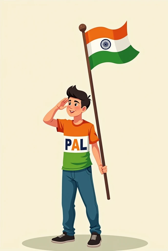 Men saluting the Indian flag from the , wearing 'PAL' t-shirts with 'P' in orange, 'A' in white, and 'L' in green. At the top left corner of the image, the text reads '78th Happy Independence Day.'" only one men. Age 21. More look like a cartoon p text orange a is white colour and L is Green . Men one head indian flag