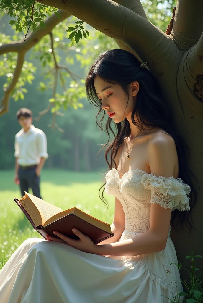 Une fille aux longs cheveux noirs, vêtue d'une robe de mariée, était assise en train de lire un livre sous un arbre et un garçon regardait de loin