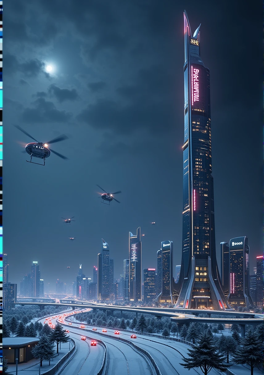 Unbelievably tall, ultra tall, multiple buildings, neon logo, neon lights, birdseye view ,art deco design,streamline moderne,futuristic architecture, Abstraction,modern style,Luxury and Luxury,dark night view,night, snow, Futuristic decorative elements,Metallic,number line,sci-fi lamp,Virtual Engine,Unreal rendering, greenery, highways, cars, police helicopters,
