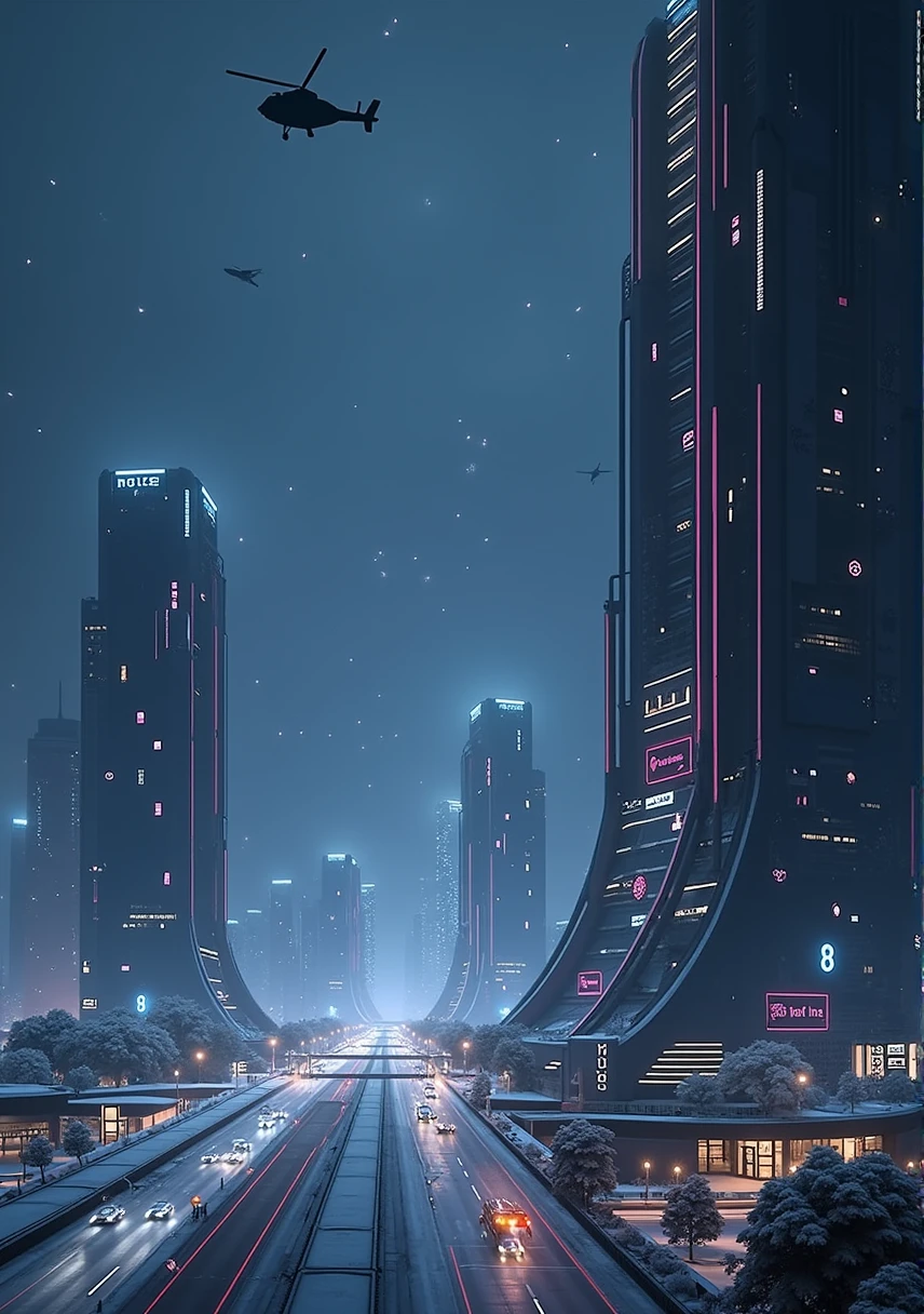 Unbelievably tall, ultra tall, multiple buildings, neon logo, neon lights, birdseye view ,art deco design，streamline moderne，futuristic architecture, Abstraction，modern style，Luxury and Luxury，dark night view，night, snow, Futuristic decorative elements，Metallic，number line，sci-fi lamp，Virtual Engine，Unreal rendering, greenery, highways, cars, police helicopters,