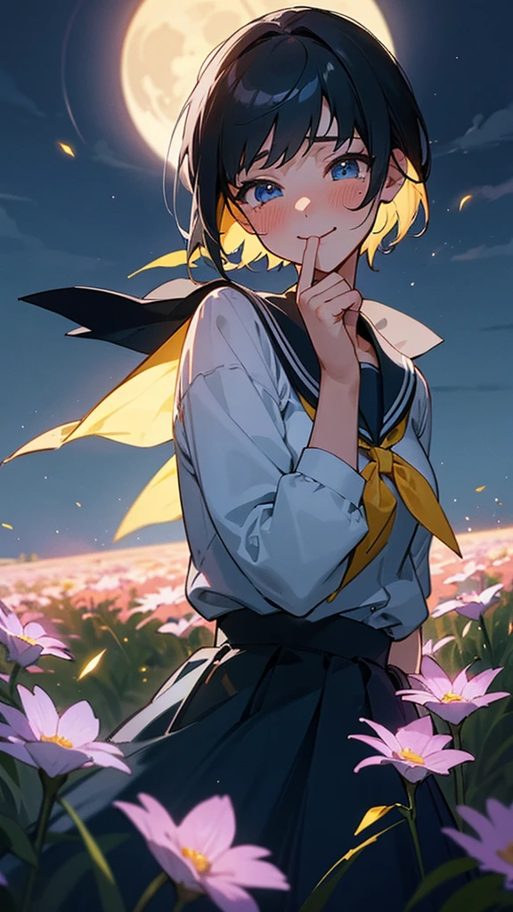 {1girl}, {solo}, young female, school uniform, best illustration, big smile,mouth open, {{{{best quality}}}}, black_hair, short_hair, {{{dynamic angle}}}, nighttime, {{{Bright blue moon}}}, school setting, blue_eyes, {{{{dynamic lighting}}}}, {{{{Blushing}}}}, field, flowers, fireflies, {{{tears of joy}}}, tears