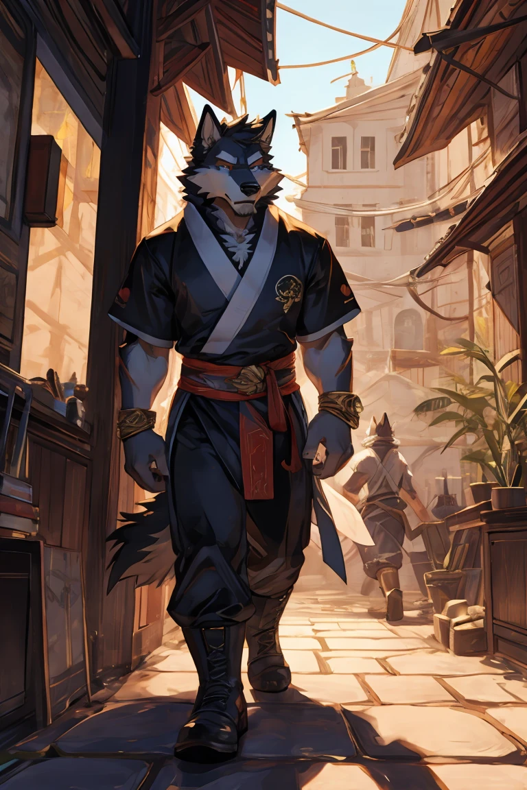 best quality，Ultra HD，Ultra-fine eyes，Correct and perfect facial features，Second dimension thick painting style，Male black wolf，Long black beard，The expression is leisurely，Physical fitness，Wearing a black loose Hanfu on the upper body，Gold belt，A wolf head jade pendant hangs around the waist，The lower body is wearing black Hanfu trousers，Black boots，Gold engraving on the boots，Standing majestically in the courtyard