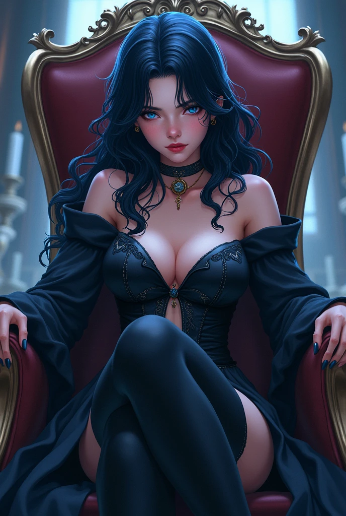 (best quality,highres)Beautiful girl with wavy long black hair,blue eyes,ironic smile,sit on throne,badass,dark atmosphere,fantasy full witch clothes,anime style,arrogant personality, Look down on,low angle shot