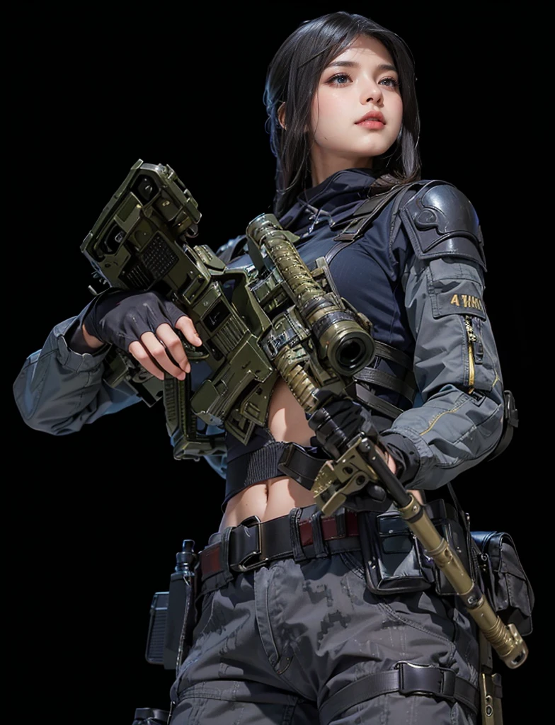 Ultra HD resolution，High-resolution details，soldier，Resolute Soldier,  majestic，military uniform，sexy，High target，Wheat skin color，Full body image, (RAW shooting, Photoreal:1.5, 8k, highest quality, masterpiece, ultra high resolution), perfect dynamic composition:1.2, Highly detailed skin and facial textures:1.2, Slim female ninja:1.3, Fight:1.2, beautiful and aesthetic, cute and sexy beauty, perfect style:1.2, Fair skin, very beautiful face, (Medium chest, Chest gap), (embarrassing smile, The expression on your face when you feel intense caress, Facial expression when feeling pleasure), (Wearing a sexy ninja costume:1.1), (beautiful blue eyes, Eyes that feel beautiful eros:0.8), (Too erotic:0.9, Bewitching:0.9), full body shot, ninja, girl, holding katana in font, blue suit, 4k eyes, no blur, cool, beautiful girl, big eyes, close left eye