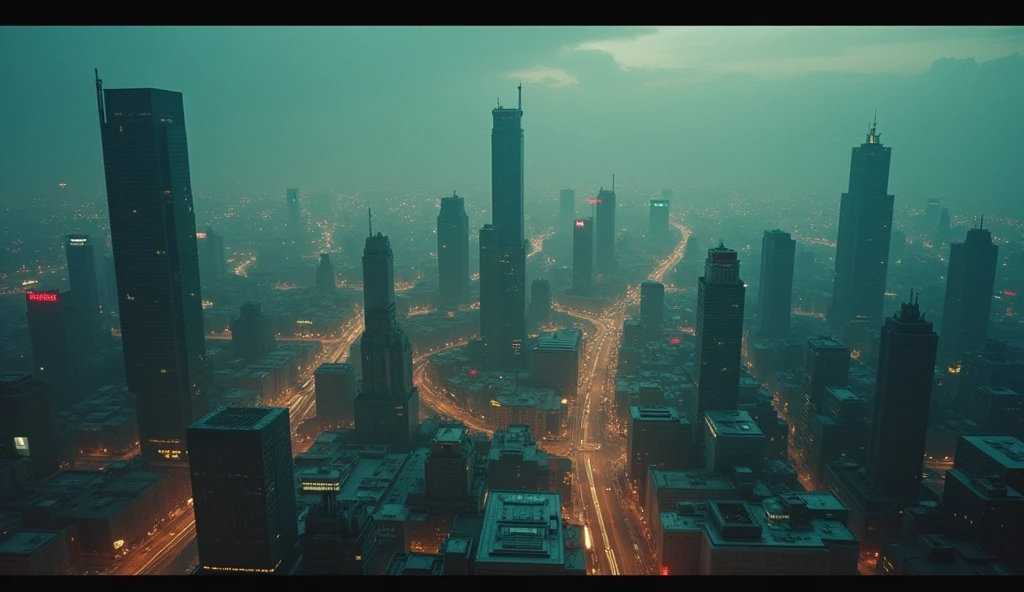 Cinematic, Photo, high angle from 1990 opening Scifi film called "the age of transhumanism", retro futuristic elements, muted colors, erial or Drone Shot (Bird’s-Eye View, Captured by DJI Mavic 3