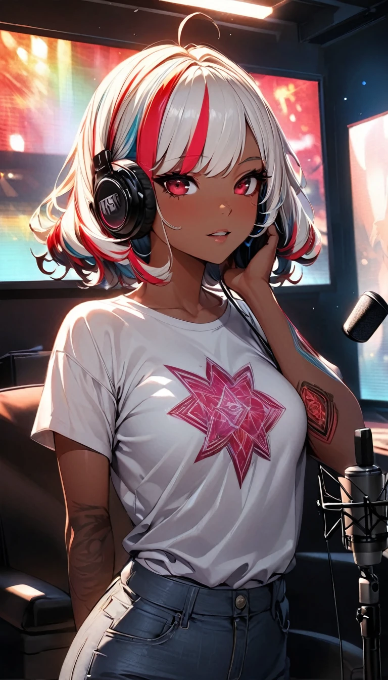 (highest quality:1.2, Very detailed, up to date, Vibrant, Ultra-high resolution, High Contrast, masterpiece:1.2, highest quality, Best aesthetics), Portraiture、girl、singer、Bright colors、Beautiful fine details、Beautiful lip detail、midium wave hair、red and white ((streaked hair:1.6)), highlights hair: 1.5, red eyes, (slim:1), medium breast, (tan skin:1.1), t-shirts and old jeans、loose fit, wearing headphone, vocal recording, singing, (right hand holding mike stand:1), (Floral Fineline tattoo design on left arm:1), ((mike stand)), Powerful vocals、Rock star aura、recording studio, vocal recording booth:1