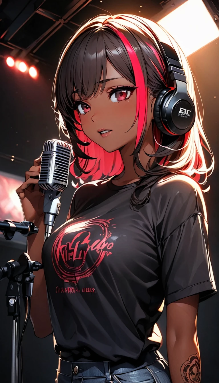 (highest quality:1.2, Very detailed, up to date, Vibrant, Ultra-high resolution, High Contrast, masterpiece:1.2, highest quality, Best aesthetics), Portraiture、girl、singer、Bright colors、Beautiful fine details、Beautiful lip detail、midium wave hair、red and white ((streaked hair:1.6)), highlights hair: 1.5, red eyes, (slim:1), medium breast, (tan skin:1.1), t-shirts and old jeans、loose fit, wearing headphone, vocal recording, singing, (right hand holding mike stand:1), (Floral Fineline tattoo design on left arm:1), ((mike stand)), Powerful vocals、Rock star aura、recording studio, vocal recording booth:1