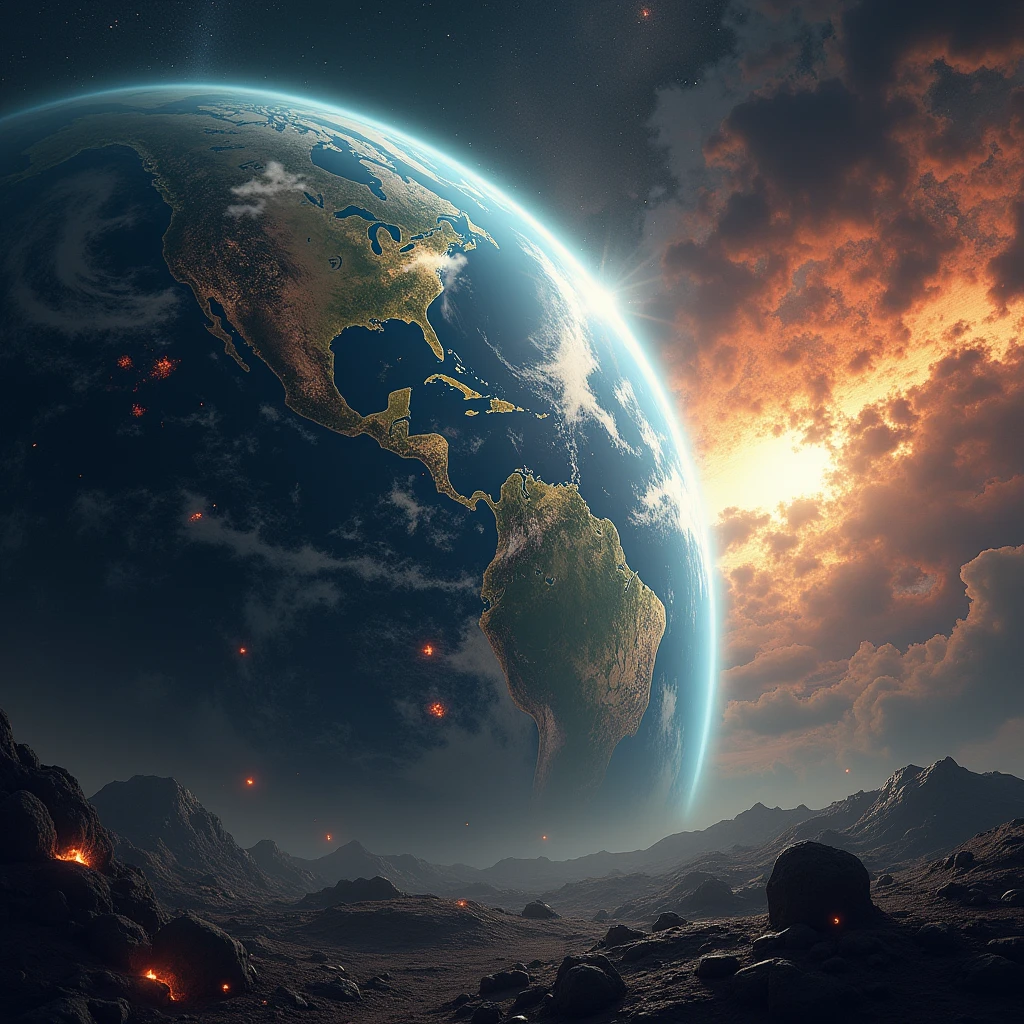 falling space colony down, from space to the earth, impact, judgement day,