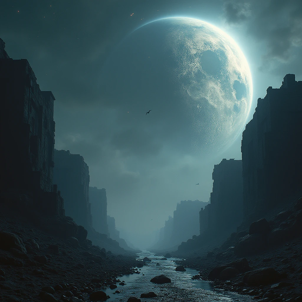 falling space colony down, from space to the earth, impact, judgement day,
