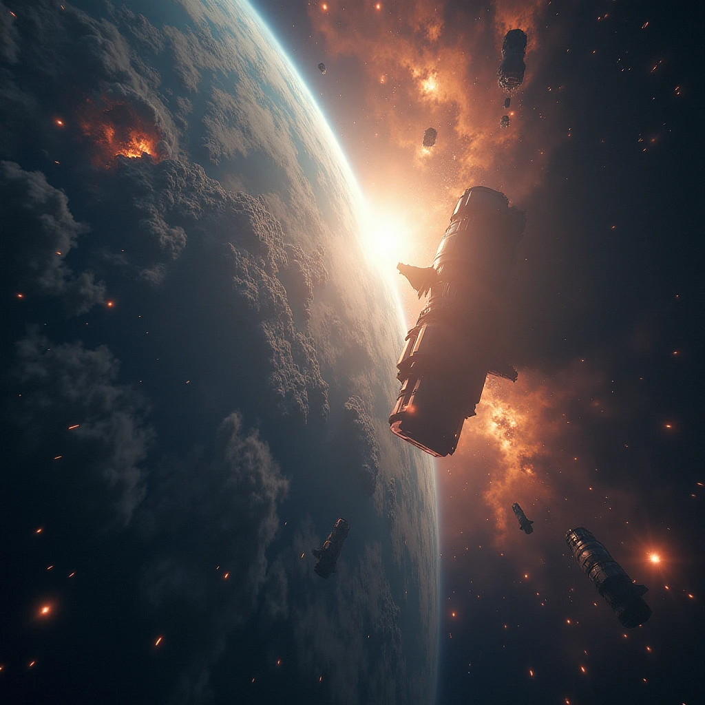 falling space colony down, from space to the earth, impact, judgement day,