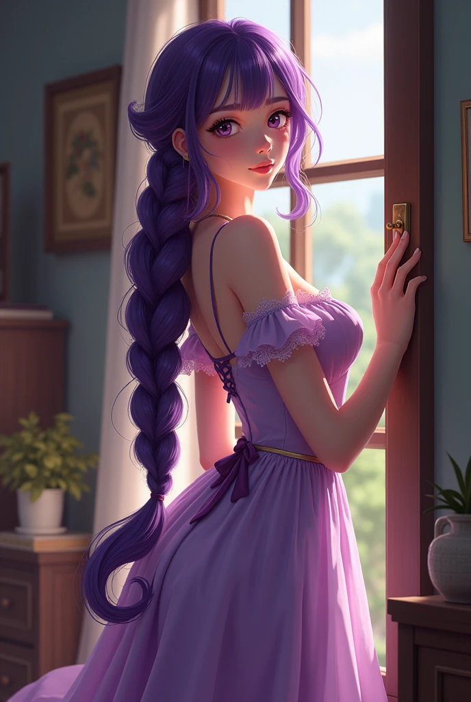 Young woman, Nineteen years old, Long purple braided hair, Beautiful face, Wearing a purple western dress, Medium sized breasts, Thin waist, Her butt is average., Standing in the room, Realistic style, Anime 2.5D