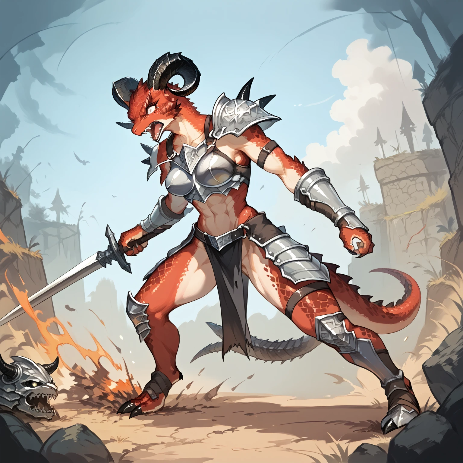 score_9,score_8_up,score_7_up, source_anime, anthro, kemono style, aegis, all red scalie girl, tall and toned body, white eyes, black ram horns, tail, wearing barbarians armor, holding a giant greatsword with one hand, on a battlefield, surrounded by scared soldiers, screaming and yelling, angry, outdoors, 