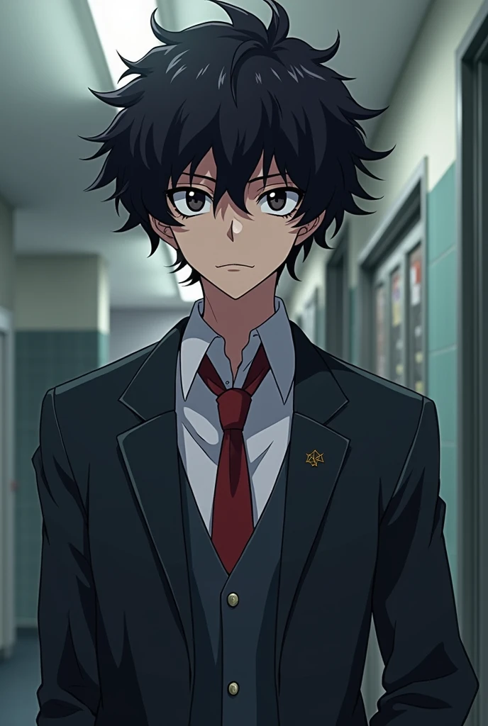 A random anime character in school uniform with black curly hair and a cold, absent-minded face, with a good physical build