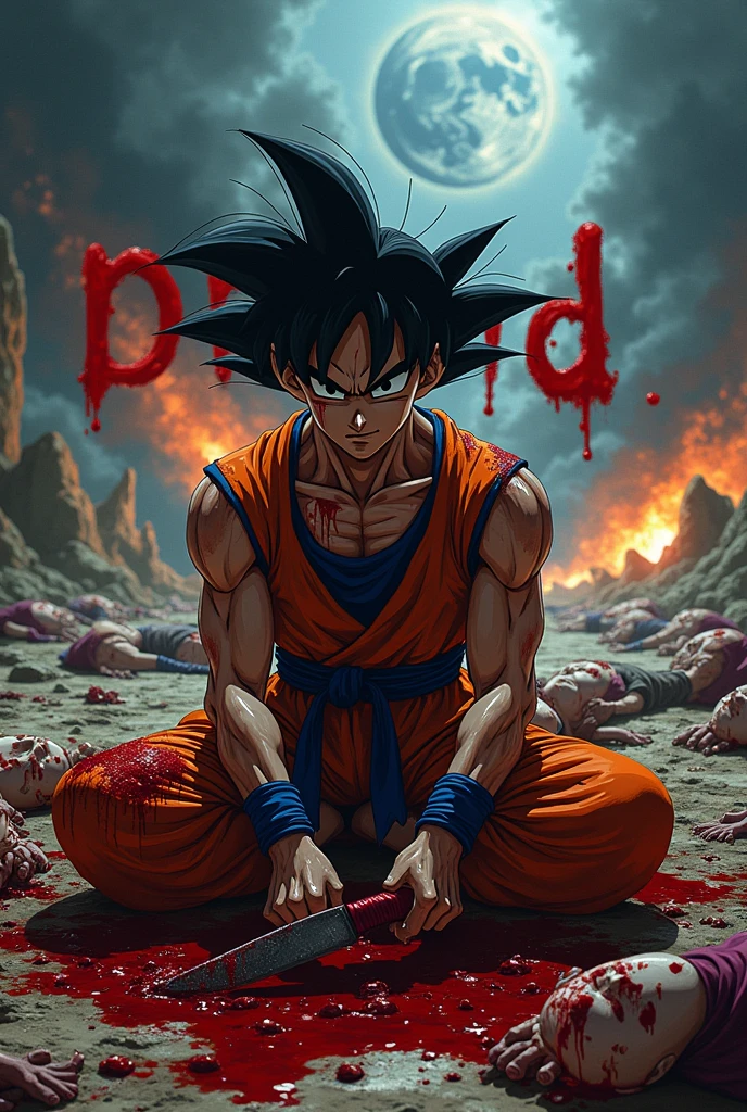 an image of Goku covered in blood with a knife sitting on some letters that say "prado" bathed in blood AND NEXT TO IT ARE THE CORPSES OF THE Z WARRIORS (GOKU'S FRIENDS) and watching as the earth is destroyed