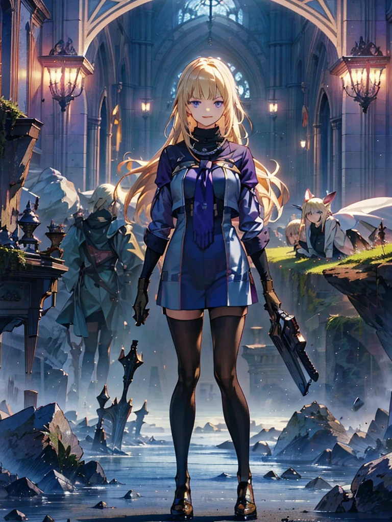 Purple eyes, blonde,score_9, score_8_Excellent, score_7_Excellent, score_6_Excellent, score_5_Excellent, masterpiece, Highest quality, Intricate details, Sharp focus, Very detailed, null, (null飛ぶ島:1.2), null, cloud, Fantasy Landscape,