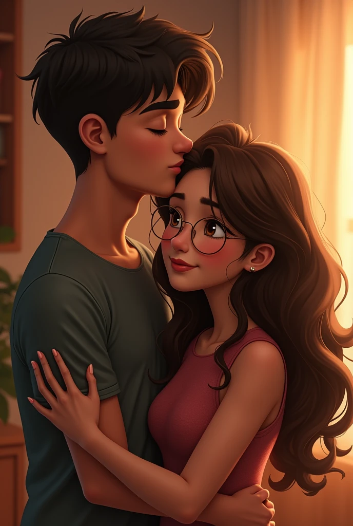 An image showing a couple hugging, the man while hugging her gives her a kiss on the head, He is thin, black with short hair and high she is short a little whiter with round and gold glasses, has curly hair, long and brown and is a little chubby