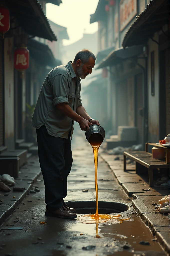 A Chinese man throwing cooking oil into the drain
