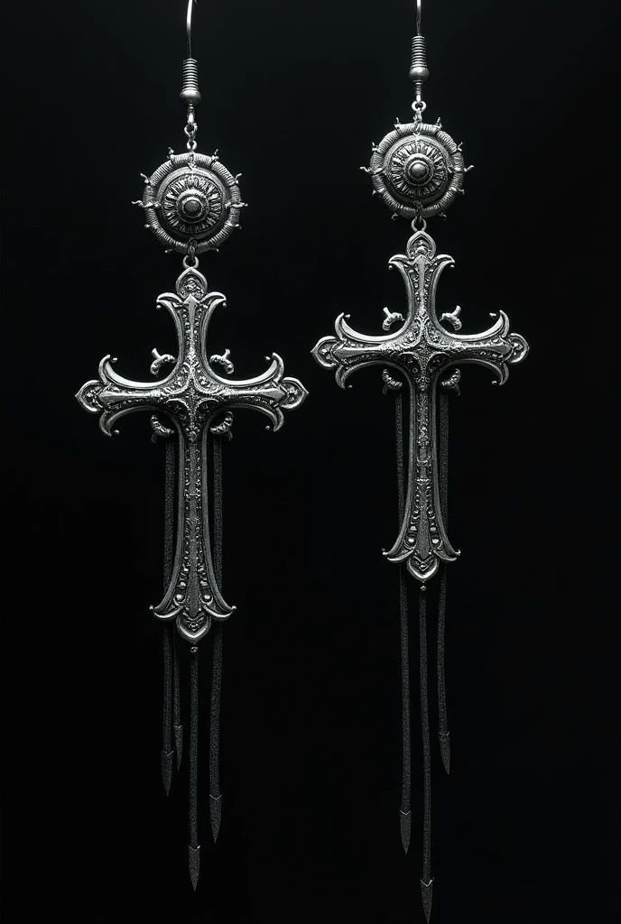 Inverted silver cross earrings with strings attached on top of it. With a circle on top.