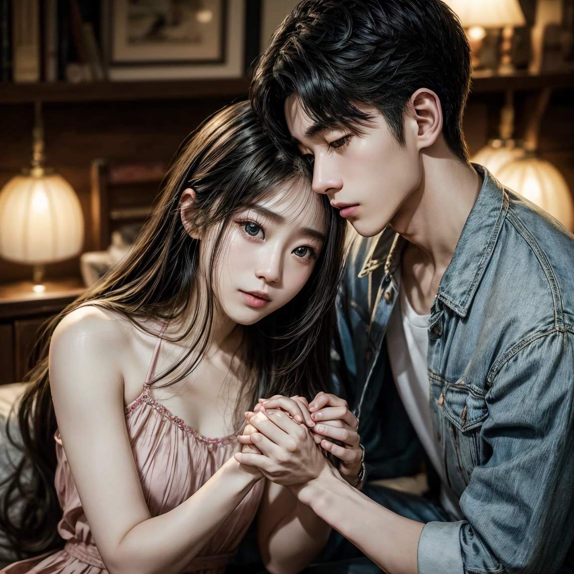recollect、Dating scene of a young couple、top-quality、​masterpiece、超A high resolution、(Photorealsitic:1.4)、(one male individual、1 female:1.2)、Raw foto、Let's hold hands and get along、