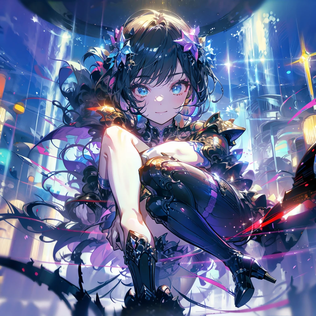 ((masterpiece， best quality))，Idol singer，Shining stage background，Delicate face，Smile，whole body，Perfect body proportions，Sparkling cyan eyes，sexly，Tattoo，Extremely beautiful，transparent，High heel，Fishnet stockings