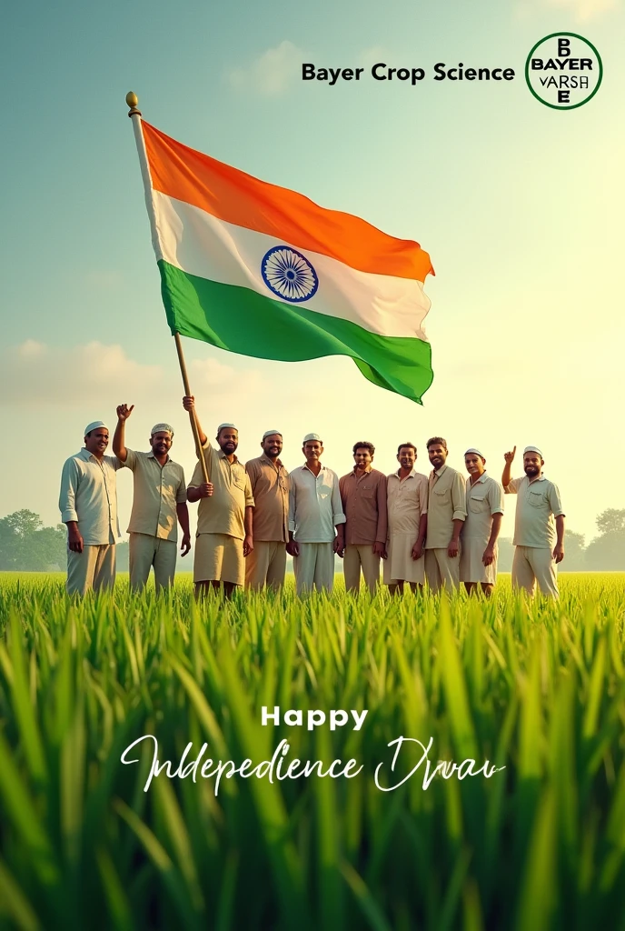 A group of farmers holding Indian flag in paddy farm and use the bayer crop Science logo on upper corner and write समस्त किसान भाइयों को स्वतंत्रता दिवस की हार्दिक शुभकामनाएं in Hindi language the colour of font is like Indian flag the text write on down side