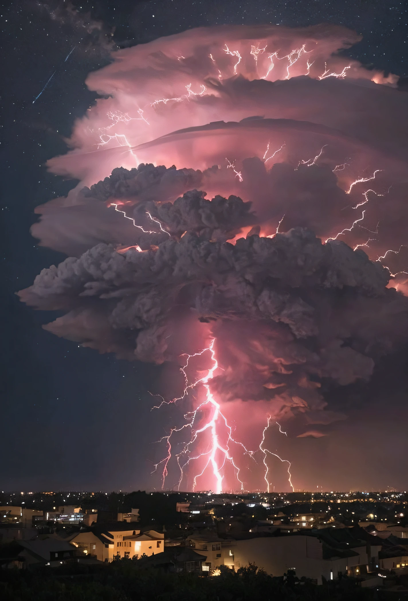 On the day of Earth's destruction, capture the last view of humanity. Show a scene of both beauty and brutality, showcasing the awe-inspiring wonders of nature. Depict a volcanic eruption, accompanied by thunderstorms, lightning strikes, and violent winds. Additionally, include falling meteors to emphasize the imminent end.