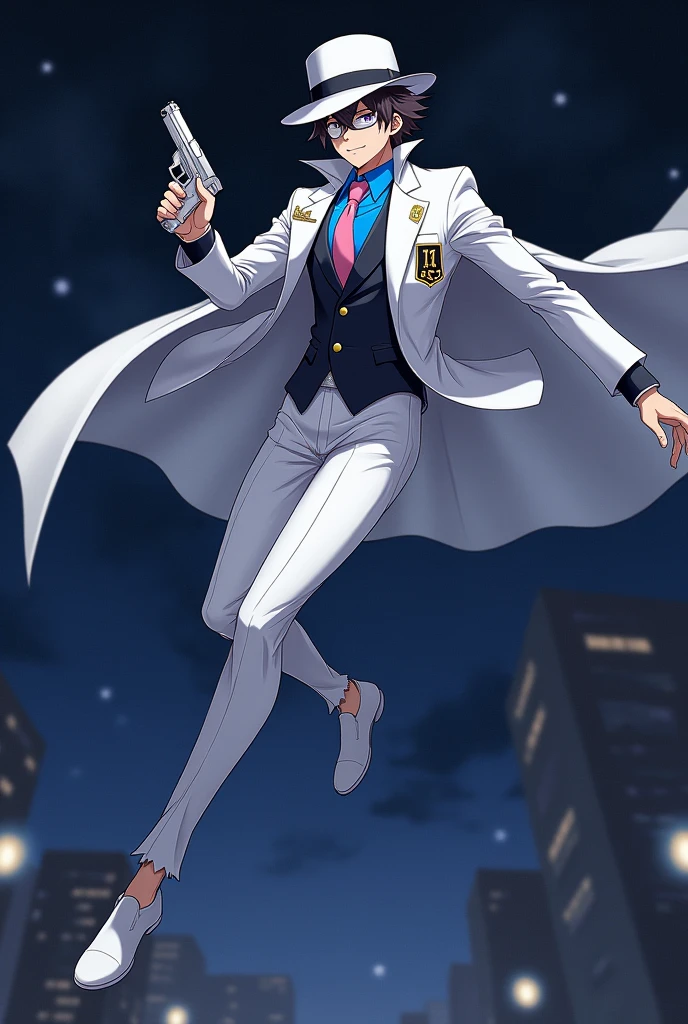 A male high school student wearing a school uniform　1st Army　smart　Random hairstyle　At night, he becomes a phantom thief　White tuxedo　silk hat　Blue Shirt　Pink tie　White Cape　　Flying in a glider　Glasses on right eye only　White pistol
