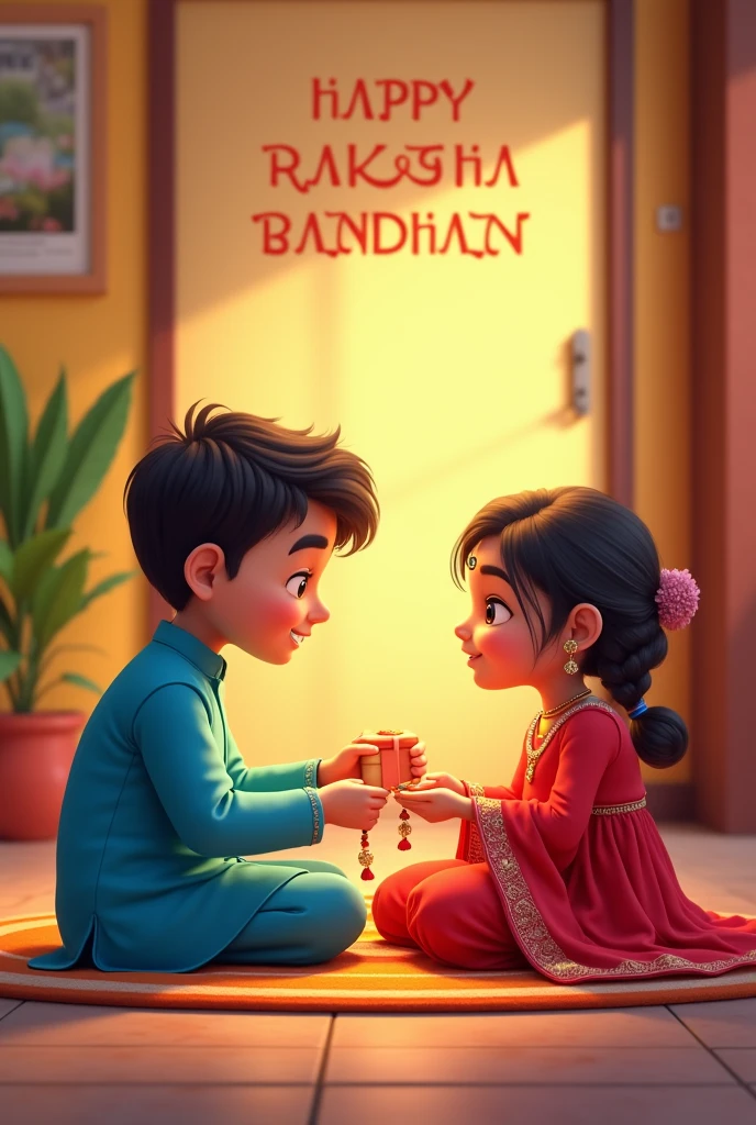 A real 20 year old  Cute boy and girl are sitting face to face on a colorful mat in the home lobby, the boy has extended one of his hands forward, And Girl tying Rakhi on brother's hand. boy is wearing a Blue  colored kurta And the girl is wearing a Red Lahenga, boy has a gift box in his other hand, is smiling, boy has applied tilak on his forehead, and on the wall in bold letters "HAPPY RAKSHA BANDHAN" "Manoj & my Monika" It is written, 4k image