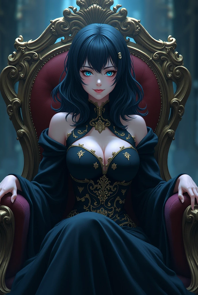 (best quality,highres)Beautiful girl with wavy long black hair,blue eyes,ironic smile,sit on throne,badass,dark atmosphere,fantasy full witch clothes,anime style,arrogant personality, Look down on,low angle shot