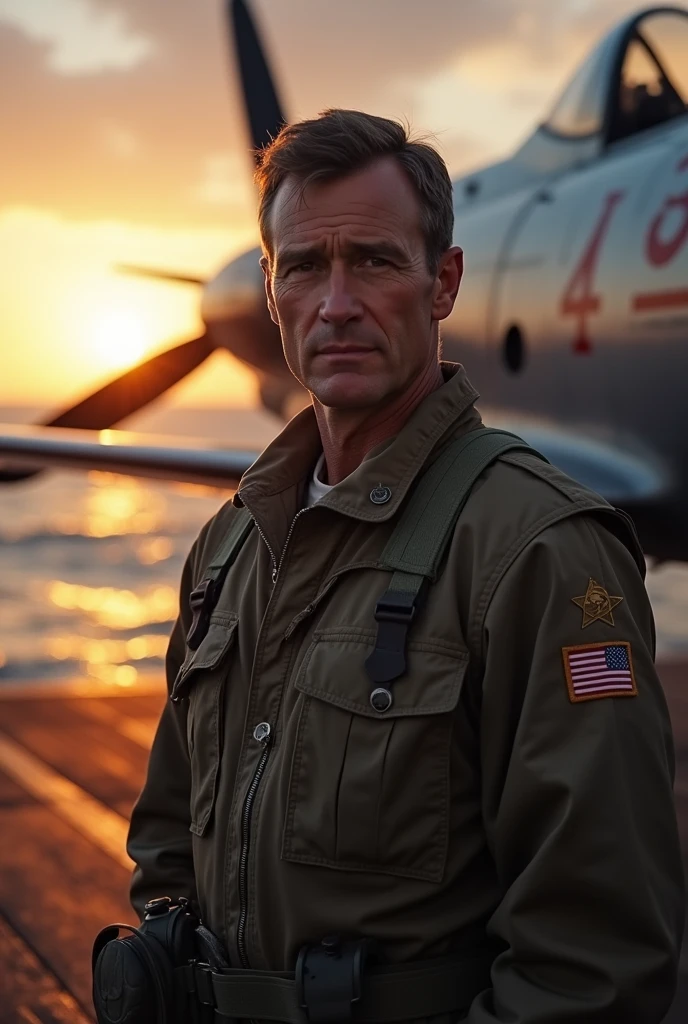 "A young George H. W. Bush, determined and courageous, stands next to his warplane on the deck of an aircraft carrier at dusk during World War II. The setting sun casts a golden glow on the ocean, highlighting the tension of the upcoming mission."