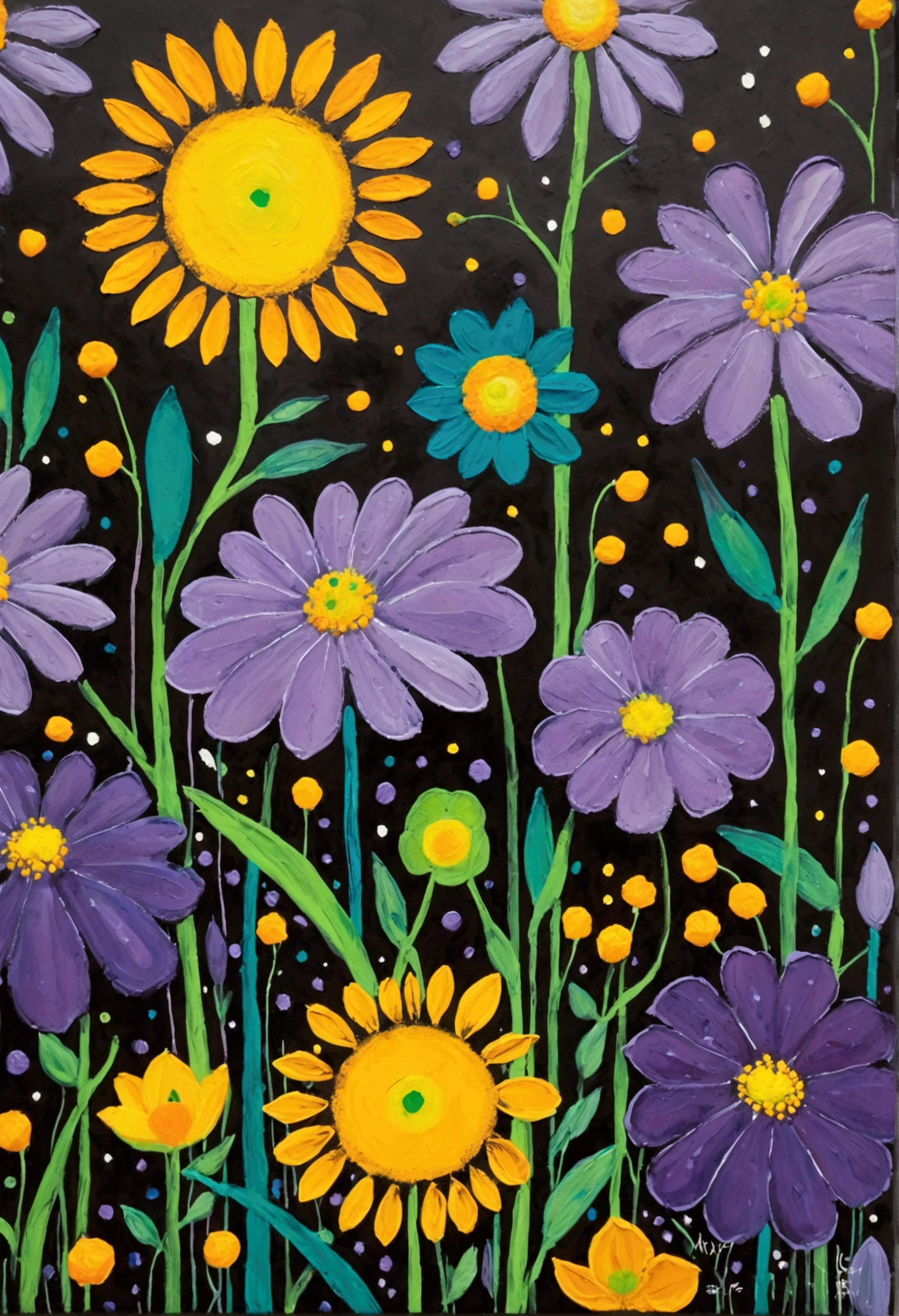 A painting,Inspired by Yayoi Kusama:(((Colorful black,Chalk painting,Oil stick painting,Volume,Thick coating,Uneven texture,Plaster texture,Graffiti,Dot)))。,, Bright colors, Purple和, cute的, Bright colors,cute, Lavender Color and Color Schemes, 和Purple的配色方案, Beautiful Art, Purple, Whimsical Art, 和Purple色调, Close together,, spring, Inspired by Tomokazu Matsuyama, Delightful