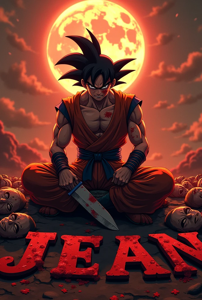 an image of Goku covered in blood with a knife sitting on some letters that say "Jean" bathed in blood AND NEXT TO IT ARE THE CORPSES OF THE Z WARRIORS (GOKU'S FRIENDS) and watching as the earth is destroyed